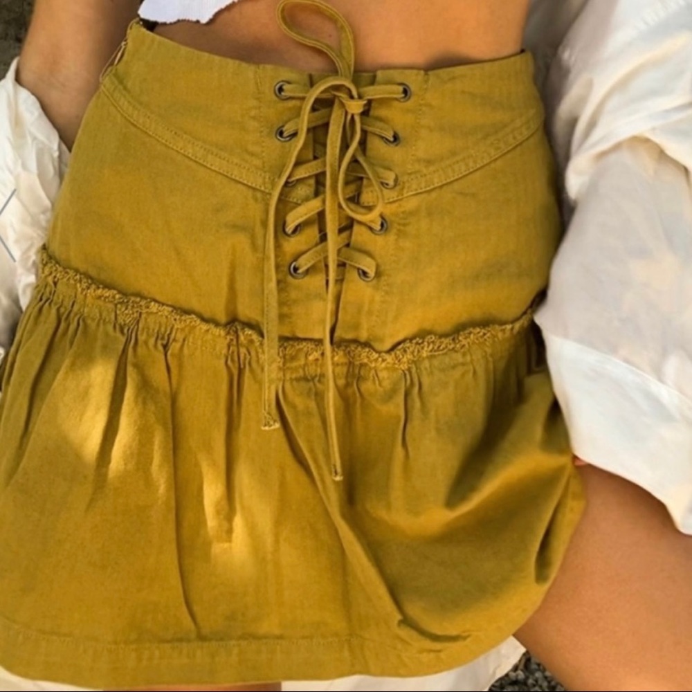 NWOT FREE PEOPLE Positano green denim laceup ruffle skirt size 0